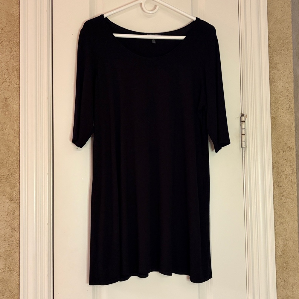 Eileen Fisher Jersey Shift Dress Black Petite Large Classic Minimalist - Picture 2 of 9